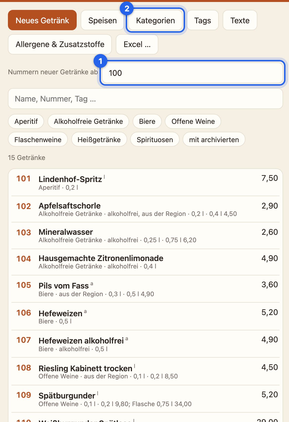 Der Getränke-Katalog mit Nummern ab 100