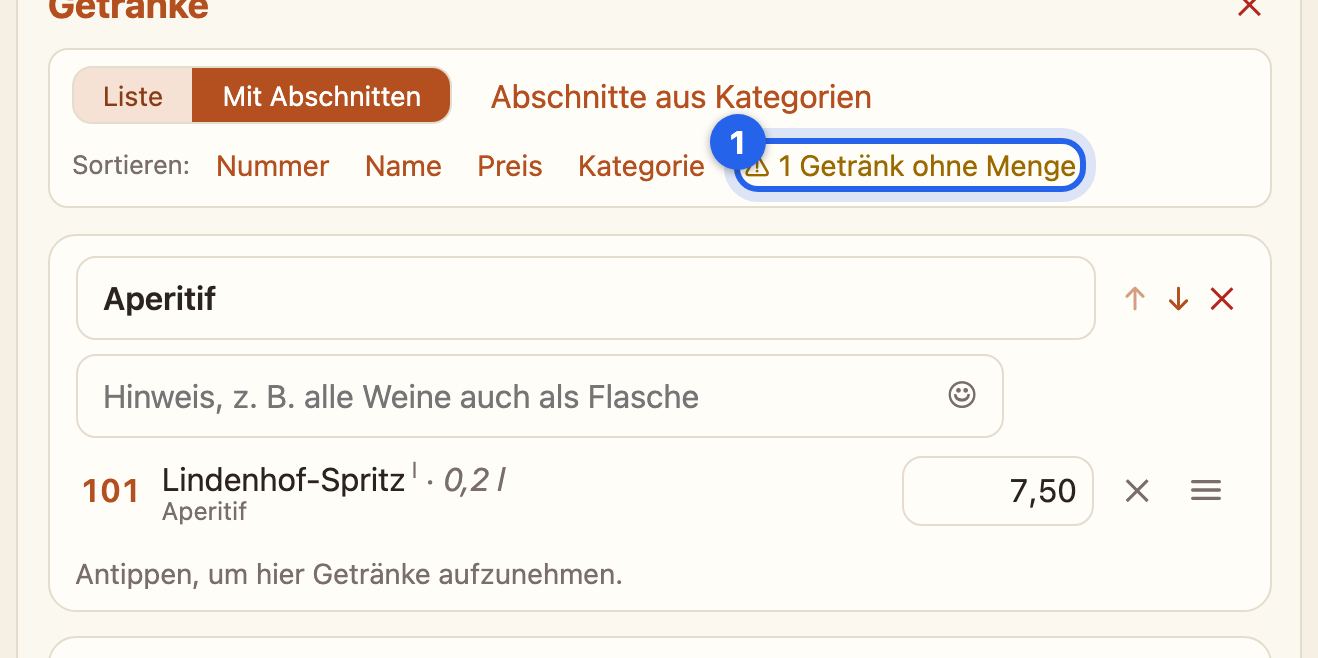 Der Teil Getränke mit dem Hinweis 1 Getränk ohne Menge