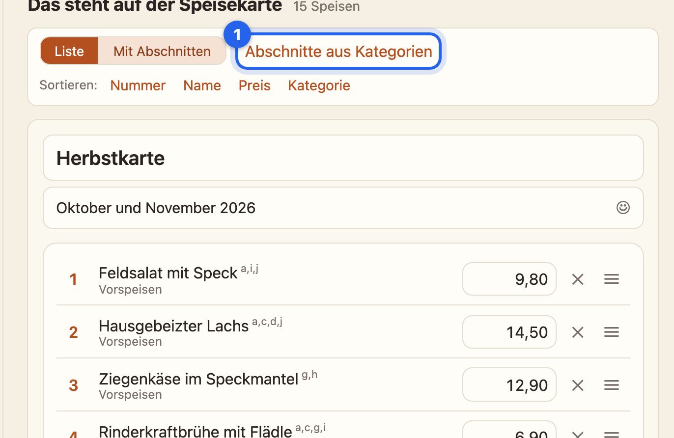Der Knopf Abschnitte aus Kategorien über der Liste