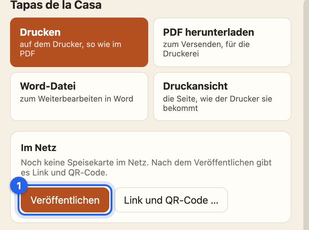 Schritt Drucken und Netz mit dem Knopf Veröffentlichen
