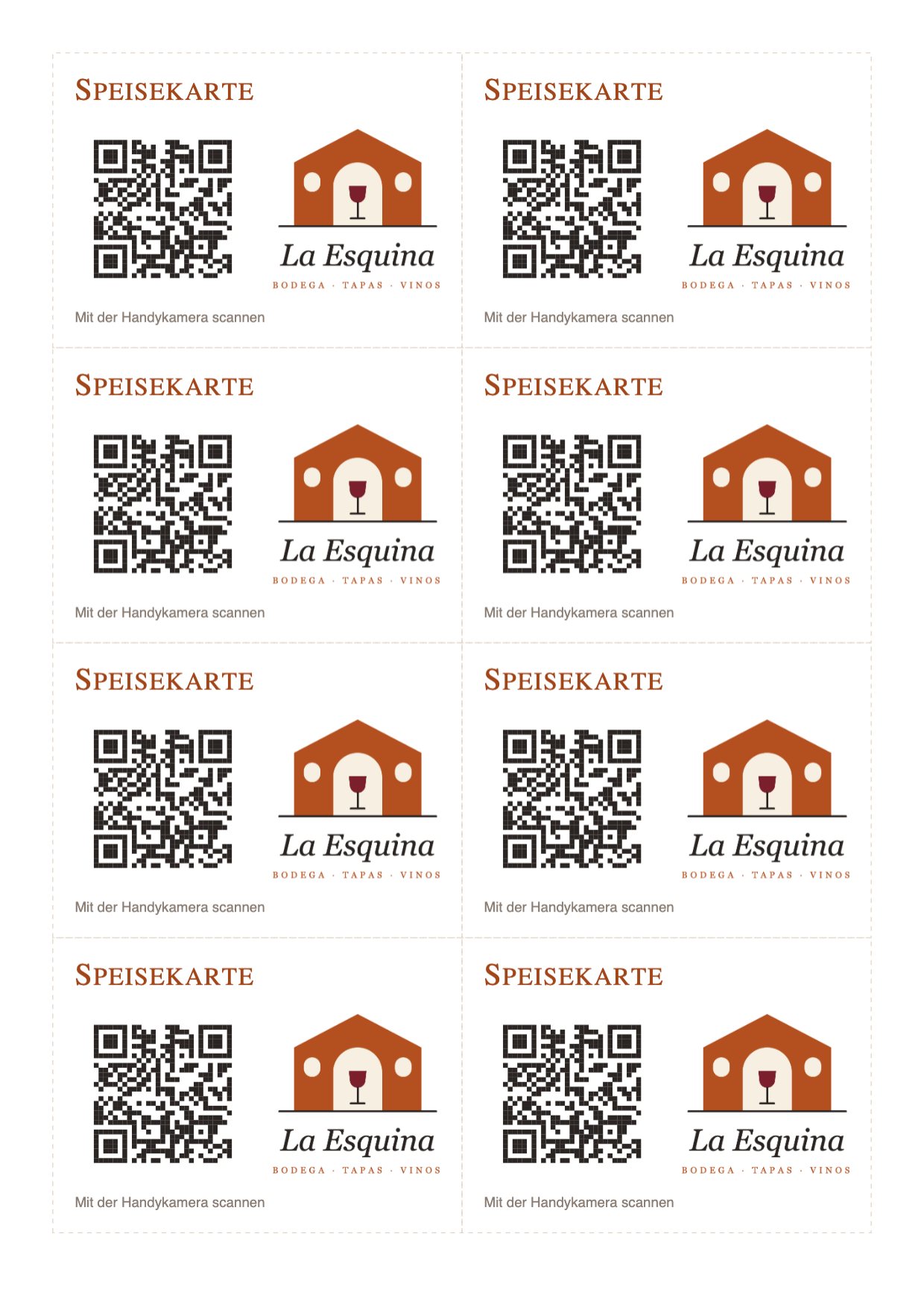 Ein A4-Blatt mit acht QR-Aufklebern, das Logo der Bodega neben dem Code