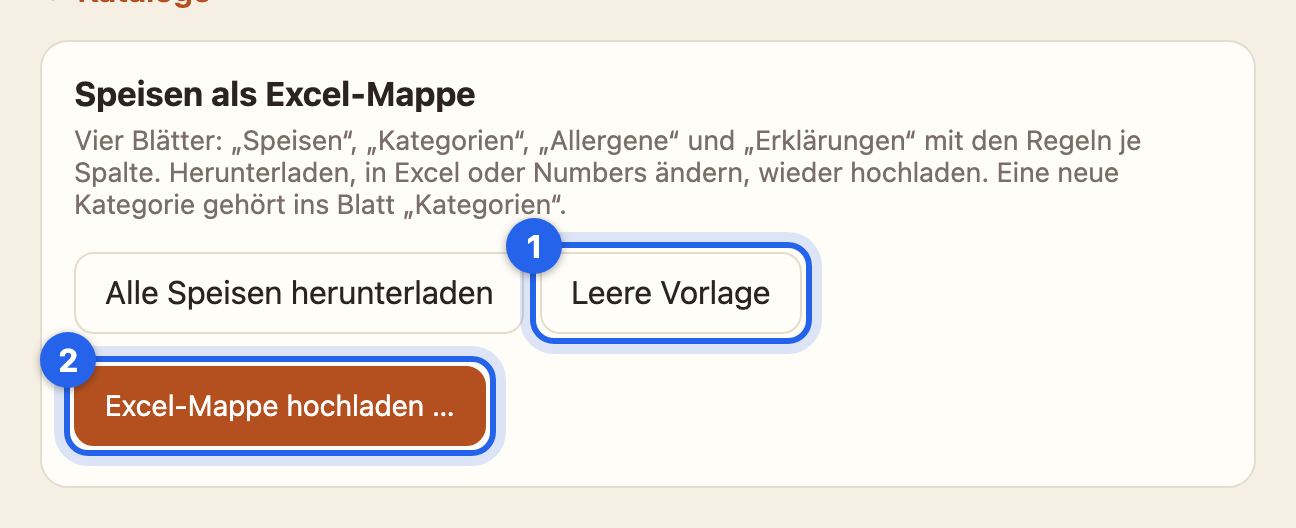 Der Bereich Speisen als Excel-Mappe mit Leere Vorlage und Excel-Mappe hochladen