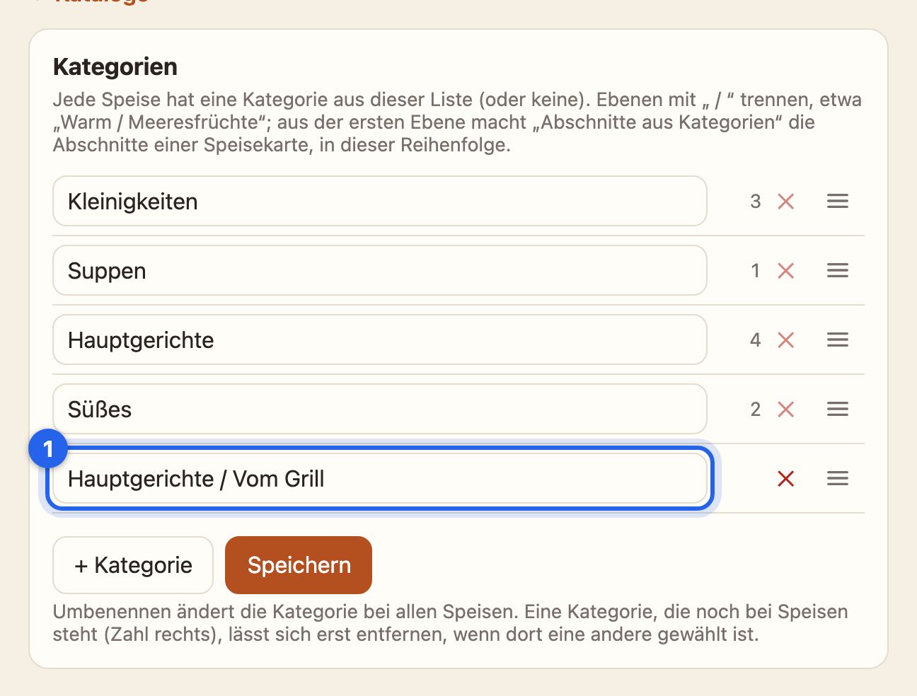 Die Liste der Kategorien mit der neuen Kategorie Hauptgerichte / Vom Grill